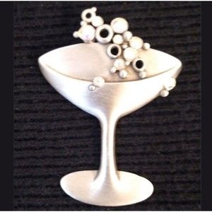 JJ Jonette Silver Tone Champagne Glass Rhinestones Bubbles Pin Brooch Signed
